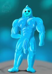 1boy abs arm_behind_back blue_skin completely_nude flexing fortnite full_body looking_at_viewer male muscular muscular_male non-human non-human_only penis rippley_(fortnite) smile solo standing toony