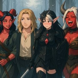 ai_generated armor armored_female big_breasts black_and_white_hair black_hair blonde_hair blush cleavage clothing demon demon_girl elf elf_ears elf_female elf_girl forest gothic horned_humanoid horns laughing long_hair_male milf oni oni_horns original_character original_characters quinternaly red_horns red_oni seductive_look seductive_smile shield staff sword thighs tiefling tiger_print voluptuous voluptuous_female warrior warriors white_hair younger_male