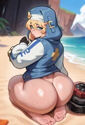 1boy 1femboy 2025 ai_generated alternate_version_available ass big_ass blonde_hair bottomless bridget chipskylark dat_ass femboy girly guilty_gear guilty_gear_strive large_ass male male_only no_panties outdoors outside seiza sitting_on_feet solo solo_male sweat sweatdrop thick_thighs thighs trap twink