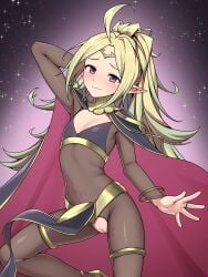 ahoge alternate_costume arm_behind_head blonde_hair bodystocking cape circlet cosplay covered_navel embarrassed female fire_emblem fire_emblem_awakening flat_chest gold_trim gradient_background green_eyes highres long_hair looking_at_viewer multicolored_hair nowi_(fire_emblem) pelvic_curtain pointy_ears ponytail pussy pussy_cutout sidelocks solo star_(sky) starry_sky_background tears tharja_(fire_emblem) tharja_(fire_emblem)_(cosplay) two-tone_hair yotubeya