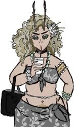 antennae_(anatomy) artist_self-insert beach belly belly_chain bikini_top black_eyeshadow black_sclera blonde_female blonde_hair blonde_hair_female blonde_pubic_hair bra breasts brown_skin brown_skinned_female bug_girl choker choker_charm chubby chubby_belly chubby_female cowrie_shells curly_hair curvy curvy_body curvy_female curvy_figure curvy_hips dark_eyebrows dirty_blonde_hair drinking drinking_straw ear_piercing earrings eyebrows eyelashes eyeliner eyeshadow female female_pubic_hair floral_print floral_print_bikini flower flower_bracelet flower_in_hair flower_wristlet green_eyes green_eyes_female hair_ornament happy_trail jewelry long_hair madelyne(mothfuzz145) medium_breasts messy_hair moth_girl mothfuzz145 necklace original_character pubic_hair pubic_hair_peek redesign sarong self_insert shoulderless_topwear shoulders_exposed skirt skull_choker skull_hair_ornament thicc thick_thighs tote_bag upset waist_chain wrap_skirt