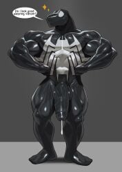 2025 absurd_res anthro big_muscles big_penis bodily_fluids cum cum_drip cxcxxcxxxx dialogue dripping english_text genital_fluids genitals hi_res huge_cock male marvel muscular muscular_anthro muscular_male penis pose reptile scalie solo speech_bubble standing symbiote text venom_(marvel)