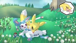1ambiguous 1boy ambiguous_sex anthro anthro_on_feral bandai_namco crossover digimon digimon_(species) eeveelution feral field furry interspecies male nintendo pokemon pokemon_(species) renamon shiny_pokemon sylveon zoophilia