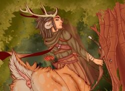 2025 annoyed antlers anus archer arrow_(weapon) bow_(weapon) deer deer_taur dreadlocks ear_piercing forest freckles hi_res hood horn looking_at_viewer looking_back male mammal mammal_taur piercing plant presenting presenting_anus raised_tail ranged_weapon scut_tail short_tail solo tail taur text tree url weapon zuckergelee