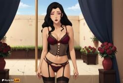 1girls ai_generated artist_name asami_sato ass_visible_through_thighs avatar_legends bare_shoulders black_hair black_thighhighs bow bra breasts bustier cleavage closed_eyes collarbone corset cowboy_shot day eyeshadow facing_viewer female flower garter_belt hi_res indoors lingerie lipstick long_hair makeup medium_breasts mole mole_under_eye navel nickelodeon nicktoons panties red_bra red_flower red_lips red_panties red_rose rose rule34lab sky solo standing the_legend_of_korra thighhighs underwear underwear_only