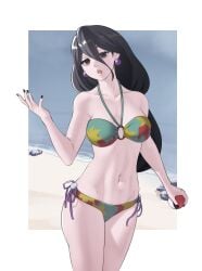 1girls absurdres armpits bags_under_eyes bare_arms bare_shoulders bare_thighs beach bikini black_eyes black_hair black_nails breasts collarbone cosplay earrings female female_only green_bikini green_swimsuit hair_between_eyes hex_maniac hex_maniac_(pokemon) hex_maniac_(pokemon_legends:_z-a) hex_maniac_(z-a) highres holding holding_poke_ball jewelry long_hair looking_at_viewer medium_breasts multicolored_bikini nail_polish navel o-ring o-ring_bikini ocean open_mouth outdoors poke_ball pokemon pokemon_legends:_z-a pokemon_swsh pomelomelon rock sand solo standing stomach swimmer_(pokemon) swimmer_(pokemon)_(cosplay) swimsuit thighs very_long_hair