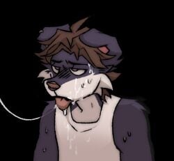 anthro bodily_fluids canid canine canis clothed clothing cum cum_on_face domestic_dog genital_fluids lustful_gaze maggotnizer male male/male mammal shirt solo sweat tank_top tongue tongue_out topwear