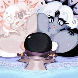 1boy 2girls big_female black_pearl_cookie breast_squish cookie_run cookie_run_kingdom huge_breasts mermaid rexoacrylla tongue_out white_pearl_cookie