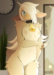 absurd_res ann_the_sheep anthro areola biped bovid breasts caprine cowbell detailed_background ewe eyebrows female fingers fur genitals hair hi_res horizontal_pupils mammal mochii_tiger mostly_nude nipples open_mouth pupils pussy sheep solo standing vulva white_body white_fur white_hair