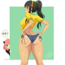 2females 2girls :o anya_forger back back_view bikini_bottom black brazilian_miku brazilian_miku_(cosplay) breasts child child_bearing_hips cosplay daughter green_eyes green_hairband hair hair_flower hair_ornament hairband little_girl mother spy_x_family srlmao tan tanline tied_shirt yor_briar yor_forger