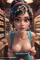 1boy 1boy1girl 1girls ai_generated apron artist_name bare_shoulders black_hair blue_apron blush breasts breasts_out brown_eyes bukkake collarbone cum cum_on_body cum_on_breasts cum_on_clothes cum_on_hair disney earrings eyelashes eyeshadow facial female flower food green_apron hair_flower hair_ornament hi_res indoors jewelry lips looking_at_viewer makeup male mascara medium_breasts mole mole_under_eye naked_apron nipples nose parted_lips patreon_username penis pink_scrunchie pov progenarts realistic scrunchie shop smile solo_focus straight teeth uncensored vanellope_von_schweetz watermark web_address wreck-it_ralph