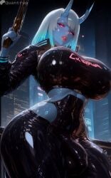 1futa 2d ai_generated big_balls big_breasts big_penis breasts bulge cyberpunk demon futanari horns intersex oni penis_bulge quantrup solo solo_futa