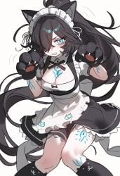 1girls angry angry_face cat_ears cat_paws cute ebora female huge_breasts kasli_the_bane looking_at_viewer maid_outfit the_battle_cats youngmanisdown