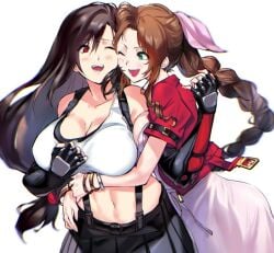 2girls aerith_gainsborough arm_guards arm_hug black_gloves black_hair black_skirt bow bracelet braid braided_ponytail breasts brown_eyes brown_hair cleavage crop_top cropped_jacket dress dual_persona elbow_gloves elbow_pads female final_fantasy final_fantasy_vii fingerless_gloves gloves green_eyes hair_ribbon hug jacket jewelry large_breasts long_dress long_hair low-tied_long_hair midriff miniskirt multiple_girls navel negresco one_eye_closed open_mouth pencil_skirt pink_bow pink_dress red_eyes red_jacket ribbon single_braid skirt sleeveless sleeveless_turtleneck smile suspender_skirt suspenders tank_top taut_clothes taut_shirt tifa_lockhart white_background white_tank_top