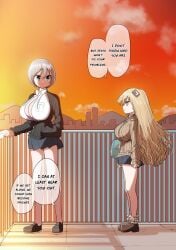 2girls black_cardigan blonde_hair blue_eyes bob_cut botsuko-chan_(zurikishi) bra breast_pocket breasts cardigan cleavage cloud full_body grey_hair grey_skirt hair_between_eyes hair_ornament highres huge_breasts lace lace-trimmed_bra lace_trim long_hair multiple_girls on_roof oppai_loli orange_sky original outdoors pink_bra pocket railing shirt short_hair skirt sky speech_bubble sunset translation unbuttoned unbuttoned_shirt underwear very_long_hair yellow_eyes zurikishi