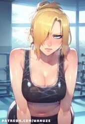 ai_generated all_fours annie_leonhardt annoyed arms_behind_head attack_on_titan big_ass big_breasts big_butt big_thighs blonde_hair blue_eyes blush expressionless fitness gym gym_clothes huge_ass huge_breasts huge_butt huge_thighs leggings sports_bra sportswear wanuze wet wet_body wide_hips workout workout_clothes