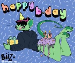 anthro ass biizziiy birthday birthday_cake birthday_candle birthday_gift black_clothing black_hair butt_focus cake clothed clothing dessert food food_fetish food_play green_body green_tail hair hat headgear headwear highlights_(coloring) icing maiseyissilly male male/male mammal mouse murid murine partially_clothed party_hat pawpads paws presenting presenting_hindquarters rodent solo spiral_eyes tail