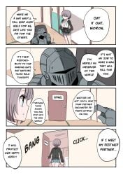 armor black_cardigan blue_eyes bob_cut botsuko-chan_(zurikishi) bra breastplate breasts cardigan cleavage female full_armor gauntlets grey_hair grey_skirt helm helmet highres huge_breasts indoors knight lace lace-trimmed_bra lace_trim looking_at_another looking_at_viewer ntr_manslayer_knight original pink_bra plate_armor shirt short_hair shoulder_armor skirt sliding_doors solo speech_bubble translation unbuttoned unbuttoned_shirt underwear visor_(armor) zurikishi