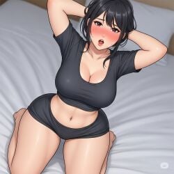 a ai_generated ass big_ass big_breasts big_butt big_thighs black_hair blush breasts cleavage clothed clothing curvy female female_focus female_only hair huge_ass huge_breasts human indoors inside kneeling large_ass large_breasts light light-skinned_female looking_at_viewer navel on_bed open_mouth skin solo straight sweat thick_thighs thighs voluptuous voluptuous_female white_background wide_hips younger_female