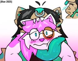 bbw black_hair blue_eyes blush brown_spots domestic_cat ear_piercing feline female glasses goth green_highlights green_tongue hyena imminent_vore milf nose_piercing nose_ring oral_vore pink_hair pink_spots spotted_body spotted_hyena throat_bulge tongue vore white_body