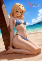 1boy 2d ai_generated ass bangs barefeet big_ass bikini blonde_hair bulge erection erection_under_clothes erophoenix feet full_body green_eyes looking_at_viewer looking_back male male_focus navel nude otoko_no_ko pale_skinned_male patreon_username penis sitting smile soles solo solo_male sweat swimsuit thick thick_thighs toes uncensored