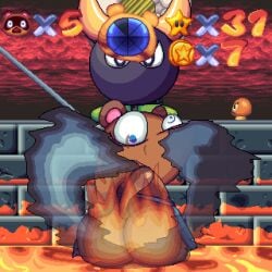 1:1 animal_crossing anyplant088 ass bully_(mario) butt_on_fire canid canine duo fifybear fire humanoid lava male male/male mammal nintendo raccoon_dog tanuki tom_nook_(animal_crossing)