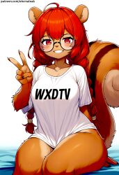ai_generated bottomless brown_fur cute cute_face eternal_oak furry furry_female glasses horny horny_female mabel_maplebottom red_eyes red_hair squirrel thick_glasses twin_braids wxdtv