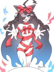 1girls almost_naked big_breasts cute female gift kasli_the_bane looking_at_viewer red_bowtie the_battle_cats walking_towards_viewer