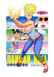 2boys 2girls ;o alcohol aqua_hair arm armpits arms arms_up bare_arms bare_shoulders beer beer_mug belt blonde_hair blue_eyes blue_tubetop blush breasts bulma bulma_(dragon_ball) bulma_briefs cleavage clenched_teeth copyright_name danganminorz denim dragon_ball dragon_ball_(classic) drink earrings english female full_body glasses human jewelry large_breasts long_hair looking_back male master_roshi midriff milf mother_and_daughter multiple_boys multiple_girls mustache muten_roushi neck nipple_slip nipples old_man one_eye_closed open_mouth panchy panchy_(dragon_ball) panchy_briefs pants sandals short_hair speech_bubble standing strapless striped striped_clothes sunglasses talking teenage_bulma teeth tongue tongue_out tray tubetop wink