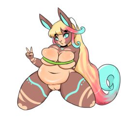 animal_ears anthro belly big_belly blonde_hair blue_eyes blush breasts bunny_ears collarbone dark-skinned_female dark_skin female furry highres large_breasts long_hair milkyjaypot multicolored multicolored_hair multicolored_skin original plump pussy simple_background solo standing tattoo thick_thighs thighs v very_long_hair white_background