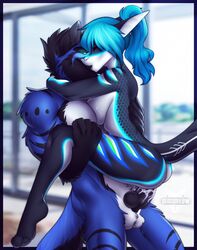 anthro anthro_on_anthro ass black_body black_skin blue_body blue_eyes blue_fur blue_hair bodily_fluids breast_squish breasts canid canine canis catherinemeow closed_eyes cum cum_in_pussy cum_inside detailed_background duo female fish fluffy fluffy_tail fur furry genital_fluids genitals glowing hexagon highres interspecies knot looking_pleasured male mammal marine multicolored_body multicolored_fur muscular muscular_anthro muscular_male nightsharky open_mouth open_smile orgasm orgasm_face sex shark smile squish straight teeth testicles vaginal_penetration white_body white_fur wolf