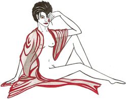 androgynous artist_request black_hair breasts dc desire_of_the_endless functionally_nude leaning_on_hand obscured_genitals red_clothing red_lips see-through short_hair sitting small_breasts solo the_sandman vertigo_comics white_body white_skin yellow_eyes