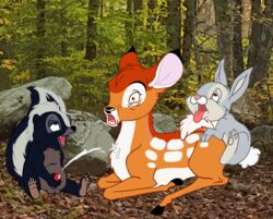 3boys bambi_(character) bambi_(film) cub disney feral flower_(bambi) gay male male_only penis skunk tagme thumper what yaoi