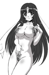 areolae black_hair blush body_blush covering erect_nipples female headband long_hair makinaru navel nude ofuda queen's_blade smile solo source_request tomoe