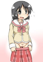 black_eyes black_hair female gaketsu nano_shinonome nichijou no_panties open_mouth pussy school_uniform short_hair skirt solo undressing