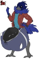 alpha_channel anthro avian avian_feet balls beak big_balls big_bulge big_penis bird black_sclera bottomwear bulge character_name claws clothing elisalevin feathers genitals hi_res huge_balls huge_bulge huge_cock hyper hyper_bulge hyper_genitalia hyper_penis jacket komi_(elisalevin) male male_only neck_tuft original_character penis shaded shirt shorts simple_background simple_shading solo solo_male t-shirt tail_feathers text toe_claws topwear transparent_background tuft