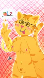 1girls 9:16 anthro blush breasts cat_emoji digital_media ear_piercing ear_ring emoji emoji_(race) eyewear felid feline female fur genitals glasses hair hi_res high_resolution highres jewelry looking_at_viewer mammal navel navel_piercing nipple_piercing nipples nude piercing pubes pussy ring ring_piercing selfie simple_background smile solo speech_bubble stripes tongue tongue_out viverna yellow_body yellow_fur