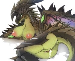 2023 anus areola astalos blush bodily_fluids breasts capcom cum cum_in_pussy cum_inside cum_on_ground digital_media_(artwork) dragon female flying_wyvern genital_fluids genitals hi_res monster_hunter nipples pussy simple_background sloppy_bird solo wings