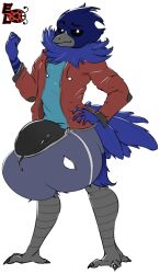 alpha_channel anthro avian avian_feet balls beak big_balls big_bulge big_penis bird black_sclera bottomwear bulge character_name claws clothing elisalevin feathers genitals hi_res huge_balls huge_bulge huge_cock hyper hyper_bulge hyper_genitalia hyper_penis jacket komi_(elisalevin) male male_only neck_tuft original_character penis shaded shirt shorts simple_background simple_shading solo solo_male t-shirt tail_feathers text toe_claws topwear transparent_background tuft