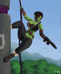 1girls boots female full_body fully_clothed goblin goblin_female green-skinned_female green_skin gun hedon huge_breasts huge_thighs leather short_hair shortstack thick_thighs tight_clothing tomboy topwear yuffa