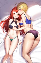 2girls ahoge ass bare_legs bed_sheet big_ass black_panties blonde_hair blue_bra blue_eyes blush bra commentary_request feet_out_of_frame female female_only fire_emblem fire_emblem_engage green_panties light-skinned_female light_skin looking_at_viewer lying merrin_(fire_emblem) multiple_girls navel nintendo on_back orange_hair panette_(fire_emblem) panties partial_commentary pillow short_hair smile stomach sweat thighs tungsten_(kwfr4544) underwear underwear_only yellow_eyes yuri