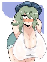 1girls big_breasts blush cleavage curvy_body erect_nipples female green_eyes green_hair hands-free hat light-skinned_female looking_at_viewer nipple_bulge nipples notnoe_(dxcl) short_shorts sweat takane_yamashiro tank_top thick_thighs touhou white_background white_shirt