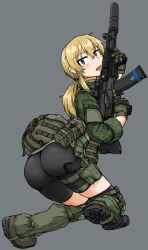 1girls ass bike_shorts blonde_hair camouflage clothed clothing dutchko female female_only firearm footwear gloves gun handwear human licking military military_uniform pale_skin ponytail rifle seductive solo spats suppressor vesna_(dutchko) weapon