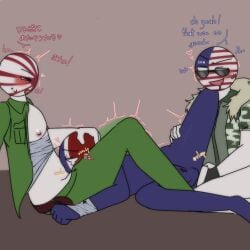 3boys american anal_penetration black_sunglasses blush blushing camo_clothing camouflage_shirt countryhumans gay grabbing_head holding_leg holding_thigh japanese_dialogue japanese_empire_(countryhumans) japanese_language japanese_text male_only moaning moaning_in_pleasure sucking_penis sunglasses thai thai_text thailand_(countryhumans) threesome two_on_one uniform united_states_of_america_(countryhumans) yaoi