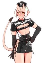 1boy 2022 belt black_clothing blush crossdressing deadslot4 femboy midriff midriff_baring_shirt mun_(deadslot) oni oni_horns opera_gloves original pvc raised_eyebrow short_hair thighs twink white_hair