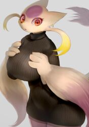 absurd_res anthro anthrofied black_sweater breasts clothed clothing female female_only fur furry furry_only hands_on_breasts hi_res hopping4 large_breasts long_eyelashes looking_at_viewer mienshao nintendo pokémon_(species) pokemon red_eyes solo sweater thick thick_thighs topwear turtleneck