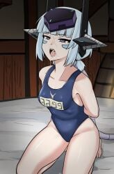 android_mk.99_(guardian_tales) blue_hair cum cum_on_face dripping_cum guardian_tales hands_behind_back mk.99_(guardian_tales) purple_eyes short_hair swimsuit tagme tagme_(artist)