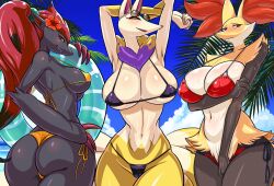 3girls anthro baltan_(artist) beach belly_button bikini blush breasts cleavage covering delphox detailed_background fat_ass female female_focus female_only female_pokemon female_zoroark flower fox fox_ears fox_girl fox_tail hand_on_hip kitsune kyubi_(yo-kai_watch) kyuubi_(youkai_watch) large_breasts level-5 mostly_nude multiple_girls nintendo nipples pink_nipples pokémon_(species) pokemon pokemon_(species) presenting skinny slender_waist smile thick_thighs yo-kai_watch youkai youkai_watch yōkai zoroark