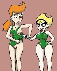 2girls aged_up blonde_hair breasts breasts_out cartoon_network light-skinned_female light_skin mandy mandy_(billy_and_mandy) mindy_(tgaobam) multiple_girls older one-piece_swimsuit orange_hair pussy pussy_peek the_grim_adventures_of_billy_and_mandy