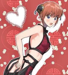 alternate_costume blue_eyes blush bun_cover chinese_clothes crop_top double_bun female female_only gintama hip_vent kagura_(gintama) kanapy lingerie looking_at_viewer open_mouth orange_hair profile red_background revealing_clothes small_breasts solo